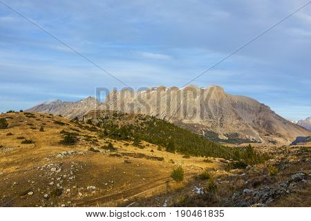 Winter landscape in Alps in Devoluy Massif without snow in late December - a very worrying sign of climate change.