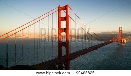 A view of the bay Golden Gate Bridge and San Fracisco city skyline