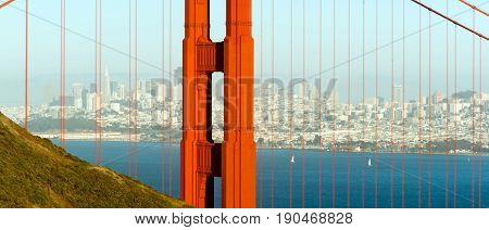 A view of the bay Golden Gate Bridge and San Fracisco city skyline