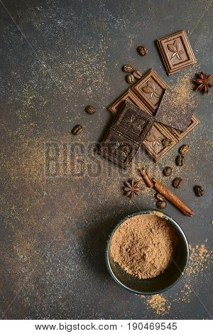 Milk And Bitter Chocolate With Cocoa And Spices.top View With Copy Space.