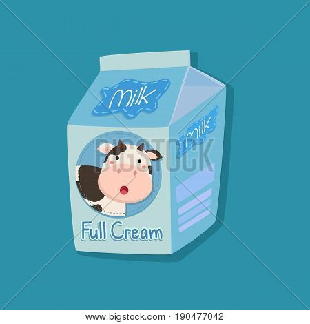 Full Cream Vanilla Flavored Milk Carton Packaging with Cow Face Picture on Blue Background Vector Illustration