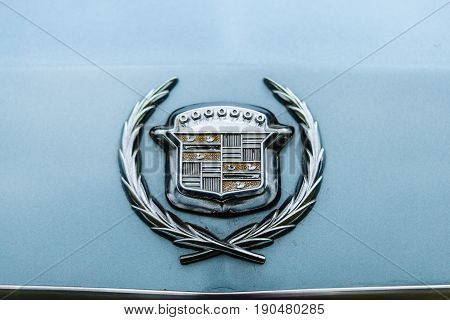 PAAREN IM GLIEN GERMANY - JUNE 03 2017: Trunk ornament of a full-size personal luxury car Cadillac Eldorado (Seventh generation). Exhibition 