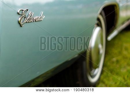 PAAREN IM GLIEN GERMANY - JUNE 03 2017: Fragment of a full-size personal luxury car Cadillac Eldorado (Seventh generation). Exhibition 