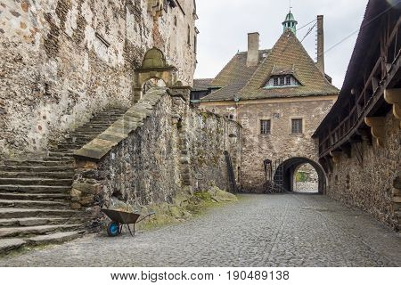 View on courtyard of Czoch Castle in Lesna - Poland Europe.
