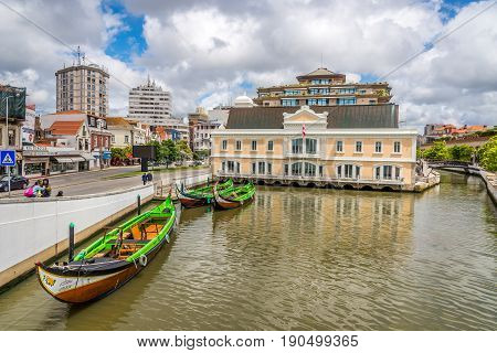 AVEIRO,PORTUGAL - MAY 12,2017 - View at the canal with Aveiro municipality building. Aveiro is located on the shore of the Atlantic Ocean.Aveiro is an industrial city with an important seaport.