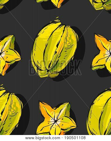 Hand drawn vector abstract unusual seamless pattern with exotic tropical fruit carambola isolated black background.