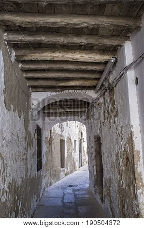 Stone and whitewashed houses of Trujillo street Extremadura Spain.