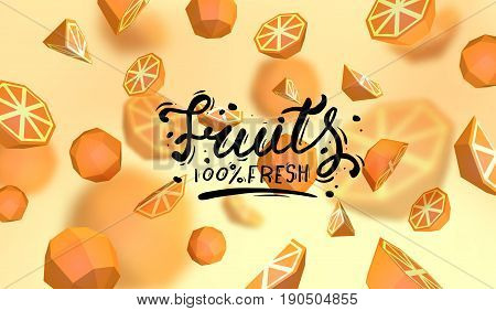 Creative background with low poly fruit. Illustration with polygonal orange.