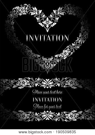 Floral Invitation Card With Antique, Luxury Black And White Vintage Frame And Big Ornamental Heart,v