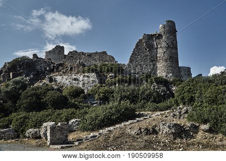 the ruins of the stone castle of the Joannite Order on the island of Rhodes