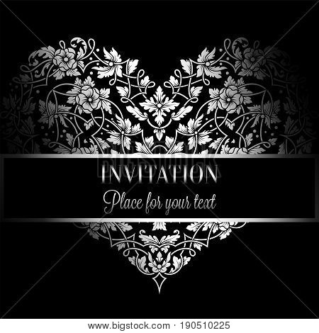 Floral Invitation Card With Antique, Luxury Black And White Vintage Frame And Big Ornamental Heart,v
