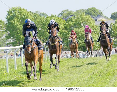 STOCKHOLM SWEDEN - JUNE 06 2017: Fight between jockeys riding arabian race horses trees in the background at Nationaldags Galoppen at Gardet. June 6 2017 in Stockholm Sweden