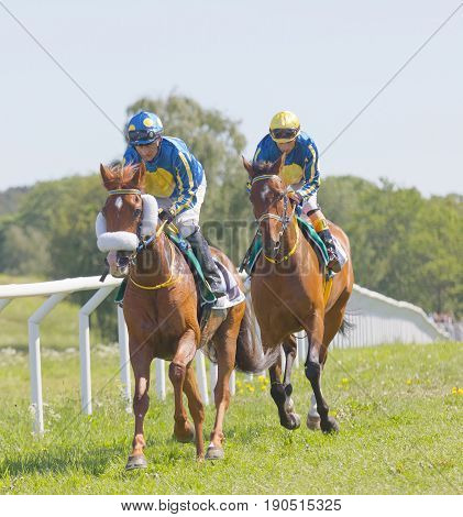 STOCKHOLM SWEDEN - JUNE 06 2017: Two jockeys riding arabian race horses after the gallop race at Nationaldags Galoppen at Gardet. June 6 2017 in Stockholm Sweden