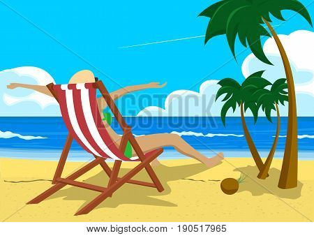 Woman with her arms wide open sitting in a deck chair on the tropical beach with palm trees looking into the distance