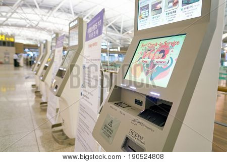 SEOUL, SOUTH KOREA - CIRCA MAY, 2017: self check-in kiosks at Incheon International Airport.