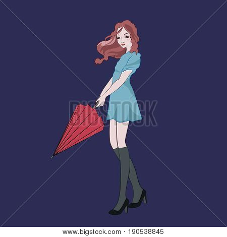 Cute young girl with brown long hair holding red umbrella. Vector illustration.
