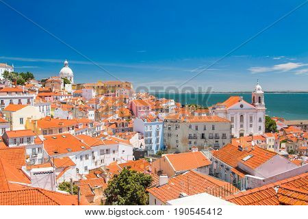 Aerial scenic view of central Lisbon Portugal with red tile roofs