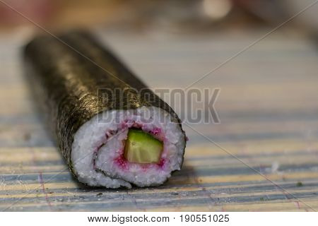 Whole Roll Of Maki Sushi With Cucumber And Caviar