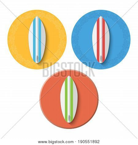 Icons and banners for the website. A set of surf boards of different colors. Beautiful pattern around the banner. Vector illustration. EPS 10