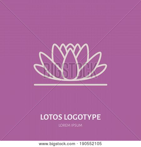 Alternative medicine flat line icon, logo. Vector illustration of lotos flower for traditional treatment, ayurveda, massage or yoga center.