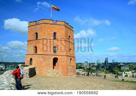 VILNIUS LITHUANIA - MAY 12: Vilnius Gediminas castle on the hill near Neris river on May 12 2015 Vilnius Lithuania.