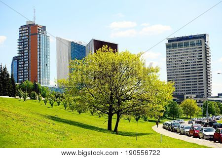VILNIUS LITHUANIA - MAY 12: Vilnius city Konstitucijos street with skyscrapers on May 12 2015 Vilnius Lithuania.