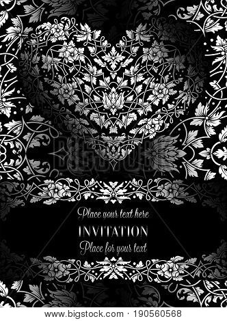 Floral Invitation Card With Antique, Luxury Black And White Vintage Frame And Big Ornamental Heart,v