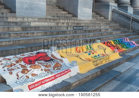 Adelaide, AU - June 10, 2017: South Australians gather at Parliament House and Rundle Mall to protest Trump's assumed support for laws discriminating against LGBTI people in the name of religious freedom.