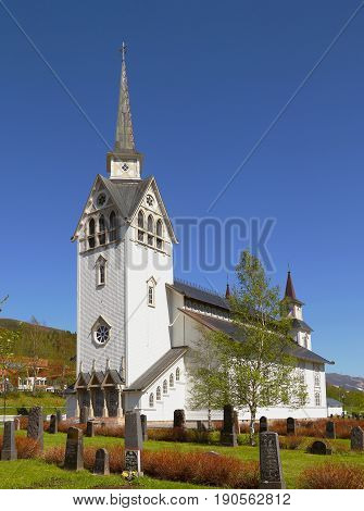 Duved, Sweden - May 27 2014: Duved's church in neo-Gothic style belongs to the religious community of the Swedish Church.
