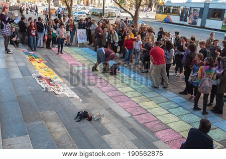Adelaide, AU - June 10, 2017: South Australians gather at Parliament House and Rundle Mall to protest Trump's assumed support for laws discriminating against LGBTI people in the name of religious freedom.