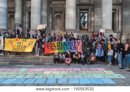 Adelaide, AU - June 10, 2017: South Australians gather at Parliament House and Rundle Mall to protest Trump's assumed support for laws discriminating against LGBTI people in the name of religious freedom.