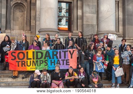 Adelaide, AU - June 10, 2017: South Australians gather at Parliament House and Rundle Mall to protest Trump's assumed support for laws discriminating against LGBTI people in the name of religious freedom.