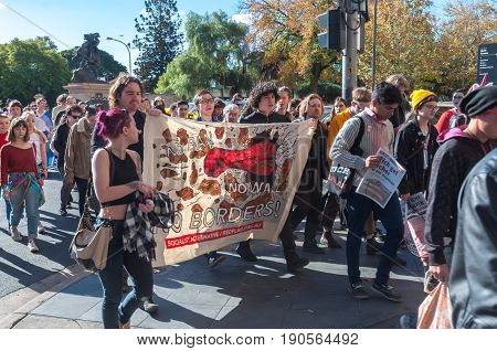Adelaide, AU - June 10, 2017: South Australians gather at Parliament House and Rundle Mall to protest Trump's assumed support for laws discriminating against LGBTI people in the name of religious freedom.