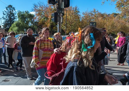 Adelaide, AU - June 10, 2017: South Australians gather at Parliament House and Rundle Mall to protest Trump's assumed support for laws discriminating against LGBTI people in the name of religious freedom.