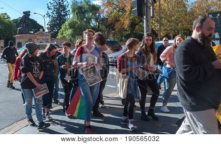 Adelaide, AU - June 10, 2017: South Australians gather at Parliament House and Rundle Mall to protest Trump's assumed support for laws discriminating against LGBTI people in the name of religious freedom.