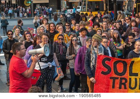 Adelaide, AU - June 10, 2017: South Australians gather at Parliament House and Rundle Mall to protest Trump's assumed support for laws discriminating against LGBTI people in the name of religious freedom.