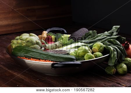 Vegetables, Fruit, Seeds, Cereals, Beans, Spices, Superfoods, Herbs, Condiment In Silver Pan For Veg