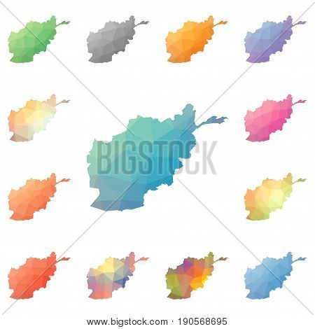 Afghanistan Geometric Polygonal, Mosaic Style Maps Collection. Bright Abstract Tessellation, Low Pol