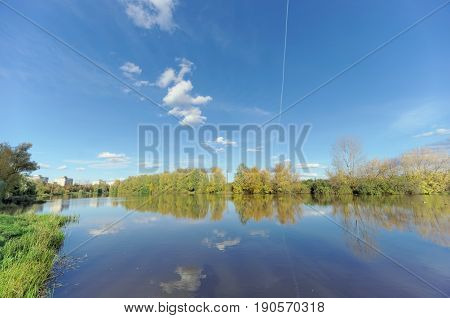 Nizhny Novgorod Russia. - October 12.2016. View of the Sormovo Lake. The island with the Trud Stadium located there. In the distance you can see Yubileiny Boulevard.