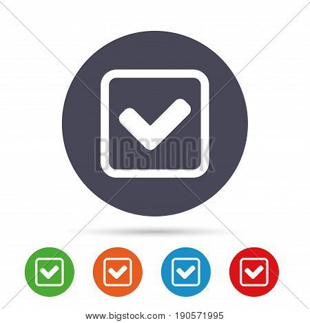 Check mark sign icon. Yes square symbol. Confirm approved. Round colourful buttons with flat icons. Vector