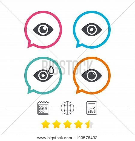 Eye icons. Water drops in the eye symbols. Red eye effect signs. Calendar, internet globe and report linear icons. Star vote ranking. Vector