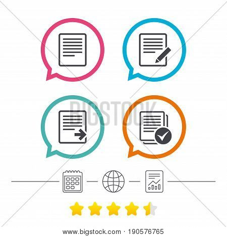 File document icons. Download file symbol. Edit content with pencil sign. Select file with checkbox. Calendar, internet globe and report linear icons. Star vote ranking. Vector