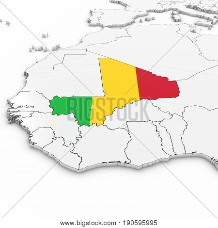 3D Map Of Mali With Malian Flag On White Background 3D Illustration