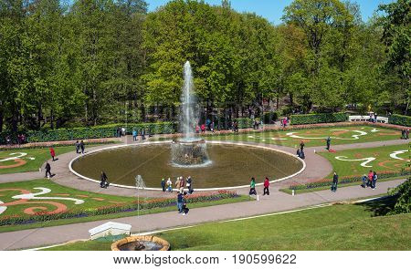 Petergof, Russia - June 5, 2017: Fountain in the lower park of the Peterhof's palace complex. The park area of 112, 5 hectares is decorated with about 150 fountains.