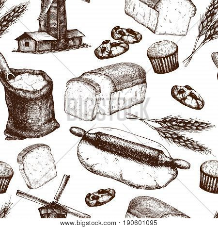 Vector background with ink hand drawn bread illustration isolated on white. Seamless pastry pattern