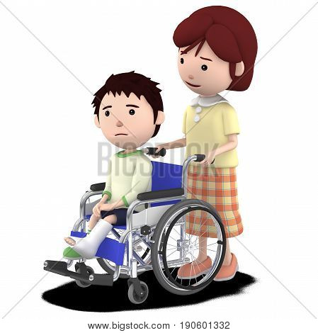 A boy with a cast sitting on a wheelchair and a mother serving ,3D illustration