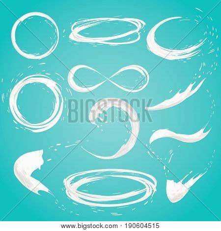 set of milk splashes vector isolated over blue background. pouring white liquid or dairy products. Cream, yogurt fall with drops and blots. 3d illustration