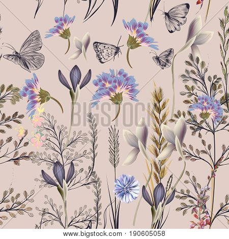 Flower vector pattern with plants. Vintage provance style