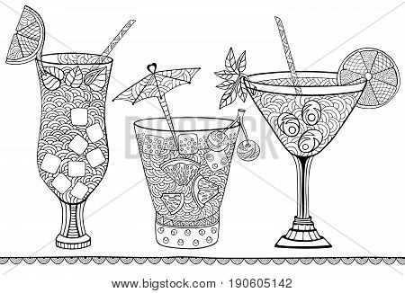 Summer fruit cocktails. Doodle and zentangle style. Hand drawn coloring book. Vector illustration.