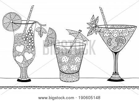 Set of fruit drinks. Doodle and zentangle style. Hand drawn coloring book. Vector illustration.
